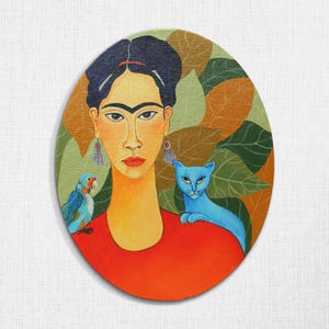 Portrait coloré de Frida Kahlo avec chat et oiseau fait main – peinture acrylique, format ovale 24x30 cm