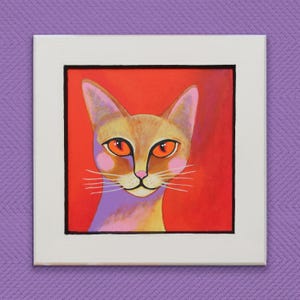 Tableau Chat Coloré Fait Main - Peinture Acrylique Unique sur Bois - Art Animalier Décoration Murale - Cadeau Original Amoureux des Chats