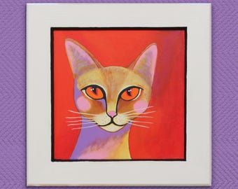 Handmade Colorful Cat Painting - Unique Acrylic Painting on Wood - Animal Art Wall Decor - Original Gift for Cat Lovers