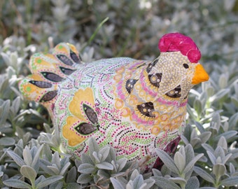 Hand Carved Collectible Hen Figurine, Pink and Yellow Paper Mache Sculpture, Old Farmhouse Decor, Easter Decoration