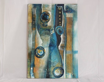 Dipinto con texture blu, arte murale astratta contemporanea, dipinto a mano in acrilico e tecniche miste, pezzo unico