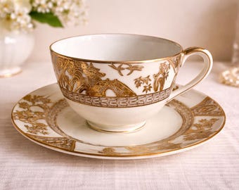 Antique Noritake Teacup & Plate Set Gold Moriage Japan | Hand Painted Tea Cup | Vintage Japanese Porcelain Teacup