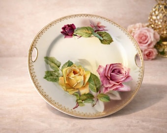 Vintage Victoria Austria Handled Serving Plate 10” | Hand Painted Roses | Porcelain Cake Plate | Gold Trim