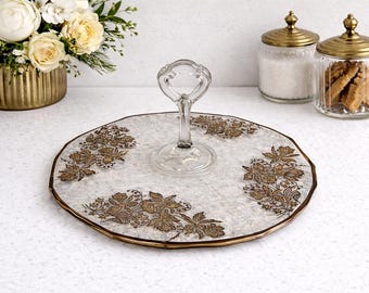 Vassoio da portata in vetro con decorazioni argentate vintage / Supporto con manico a rilievo e motivo floreale (28 cm)