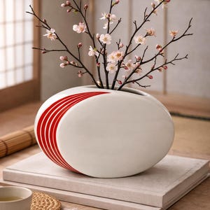 May include: A white ceramic vase with red curved stripes contains branches of delicate pink flowers. The vase rests on a stack of books, with a cup of tea and a woven coaster. The theme is home decor.
