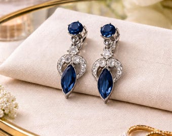 Vintage Bogoff Blue Rhinestone Clip-On Earrings | Mid Century Silver Tone Drop  | Signed BOGOFF Statement Bridal Jewelry