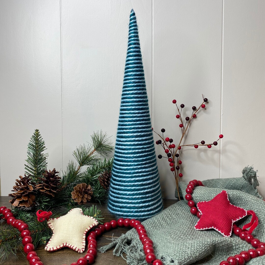 Peacock and Light Blue Yarn Wrapped Cone Tree Christmas Tree Handmade