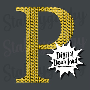 May include: A yellow knitted letter P, with a white starburst shape containing the text "Digital Download" and a wand graphic.