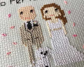 Personalised 2nd Anniversary Cotton Gift Portrait Wall Art - 2nd Anniversary Gift - Family Pet Portrait - Cross Stitch Pixel People Art