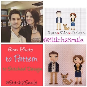 Op de afbeelding: Een digitale illustratie van een stel en hun hond, met de tekst "Ryan Ella Chelsea @Stitch2Smile From Photo to Pattern to Stitched Design @Stitch2Smile" eronder.