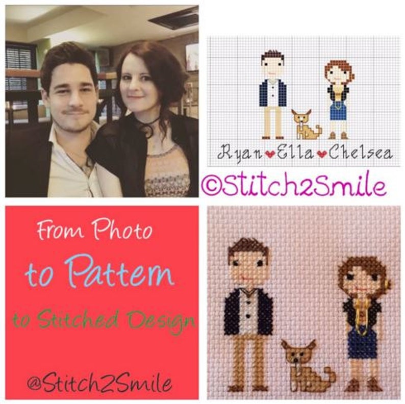 Op de afbeelding: Een digitale illustratie van een stel en hun hond, met de tekst "Ryan Ella Chelsea @Stitch2Smile From Photo to Pattern to Stitched Design @Stitch2Smile" eronder.