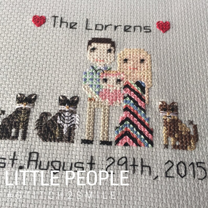 May include: Cross-stitch embroidery of a family with two cats. The family includes a man, a woman, and a baby. The text "The Lorrens" is above the family, and the date "1st August 29th, 2015" is below. The text "LITTLE PEOPLE" is below the date, and the hashtag "#STITCH2SMILE" is below that.