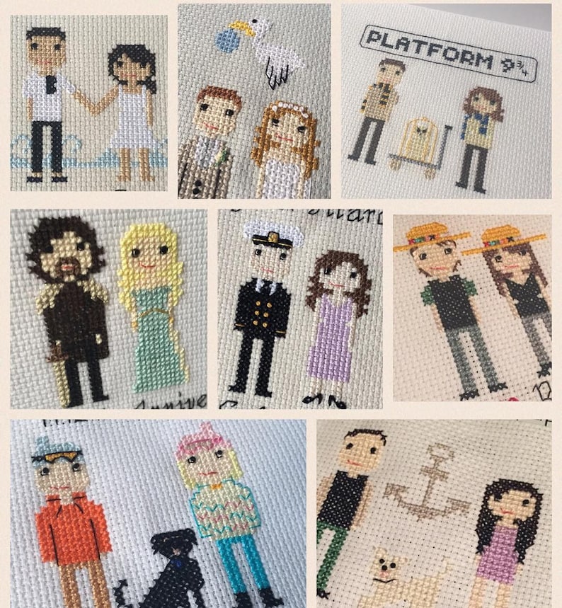 Op de afbeelding: Een verzameling van kruissteek borduurmotieven met verschillende stellen. De ontwerpen omvatten een stel in trouwjurken, een stel in matrozen- en jurk-outfit, een stel in casual outfit, een stel in platform 9 3/4 outfit en een stel met een hond.