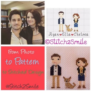 May include: A digital illustration of a couple and their dog, with the text "Ryan Ella Chelsea @Stitch2Smile From Photo to Pattern to Stitched Design @Stitch2Smile" below.