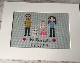 2 Year Anniversary Gift Personalised 2 Year Anniversary Gift Traditional 2 Year Anniversary Family Pet Portrait Cross Stitch Pixel People