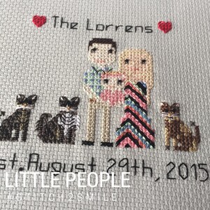Puede incluir: Bordado de punto de cruz de una familia con tres gatos. La familia est&aacute; compuesta por dos adultos y un ni&ntilde;o. Los adultos sostienen al ni&ntilde;o. El texto "The Lorrens" est&aacute; por encima de la familia. La fecha "August 29th, 2015" est&aacute; debajo de la familia. El texto "LITTLE PEOPLE" est&aacute; debajo de la fecha. El hashtag "#stitch2smile" est&aacute; debajo del texto.