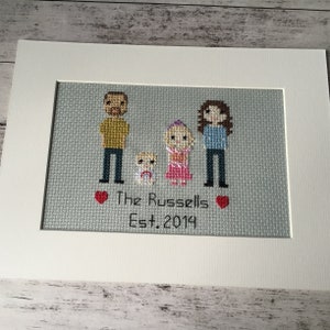 May include: Cross-stitch artwork featuring a family of four with a dog. The family is depicted in a simple, pixelated style. The text "The Russells Est. 2014" is included below the figures.