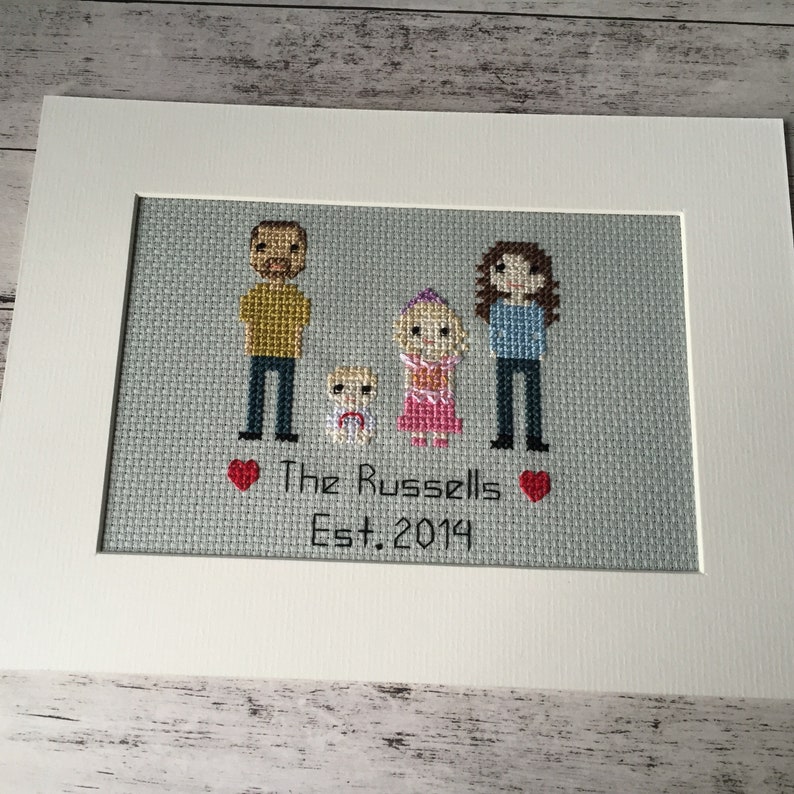 May include: Cross-stitch artwork featuring a family of four with a dog. The family is depicted in a simple, pixelated style. The text "The Russells Est. 2014" is included below the figures.