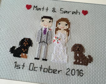Personalised Custom Cotton Anniversary Gift Portrait Wall Art - Anniversary Gift - Family Pet Portrait - Cross Stitch Pixel People Art