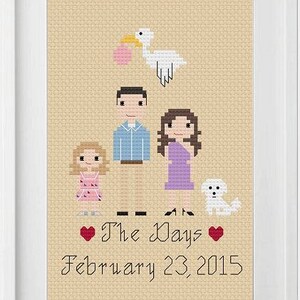 Puede incluir: Bordado de punto de cruz con una familia de cuatro con una cig&uuml;e&ntilde;a llevando un beb&eacute;. El texto dice "The Days February 23, 2015".