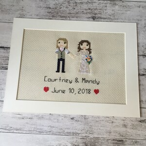 Puede incluir: Un bordado a punto de cruz enmarcado con una imagen de dibujos animados de una pareja tomándose de la mano. El texto debajo dice "Courtney & Mandy June 10, 2018" con un corazón rojo a cada lado.