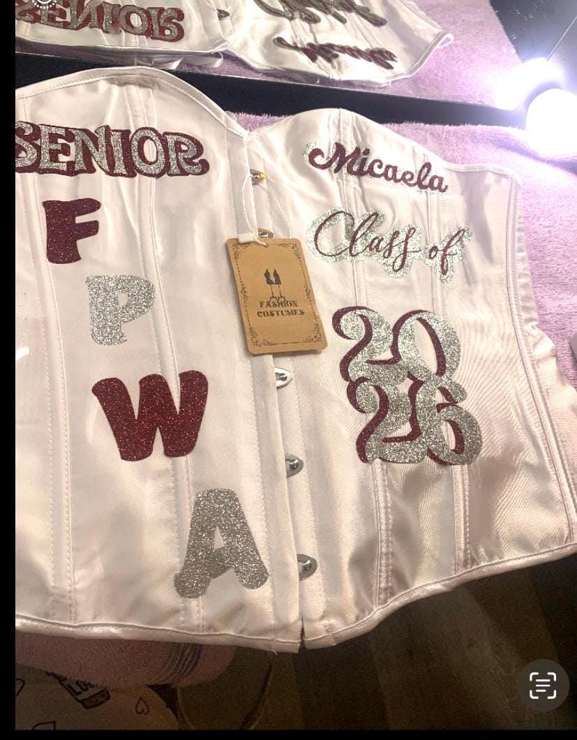SENIOR IRON ons(SET) for jeans & corset. Ask me about details to personalize your own today!! use school initials and name or sport e