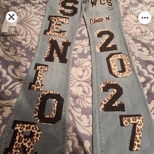 May include: Light blue denim jeans featuring large, block-style lettering down the legs. The left leg displays the word SENIOR, while the right leg shows the text Class of 2027. The letters and numbers have a black and leopard print pattern.