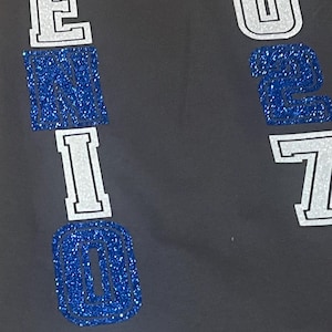 May include: Gray fabric with the text "DHS SENIOR 2023" in white and blue glitter lettering. The name "Jasmine" and "class of" are also visible in the image.