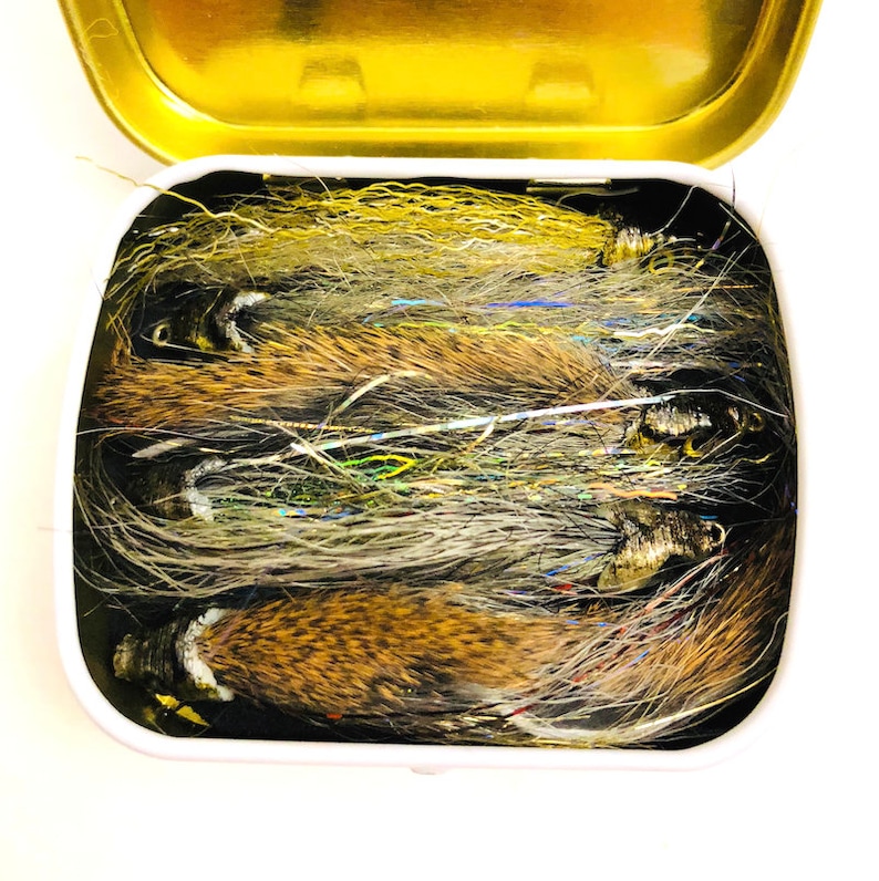 6 Readymade Fly Fishing Flies or Spin Rod Lures by Drop Jaw Flies Minpin Tin 6 pack