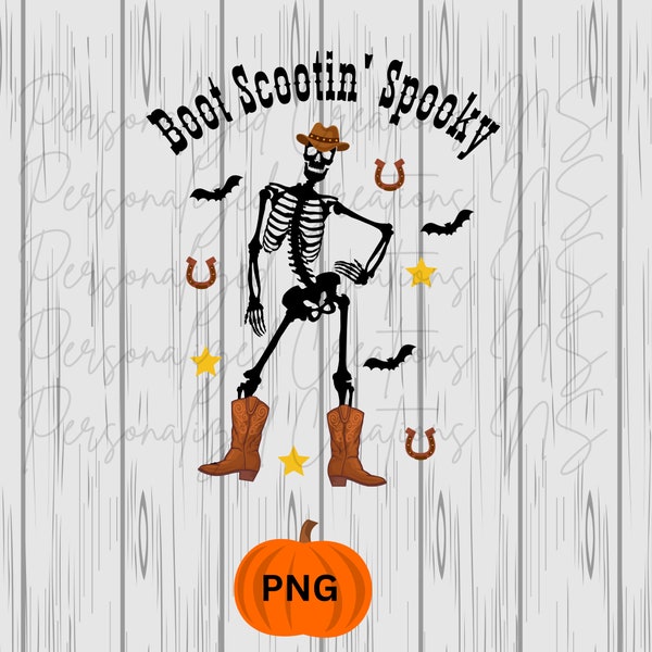 Boot Scootin' Spooky PNG,  Cowboy skeleton with boots, Country Western Halloween Skeleton with Cowprint background, brown cow hide print png