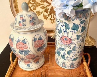 Chinoiserie Temple Jar Chinoiserie Vase Cylindrical Vase Floral Vase Floral Ginger Jar Chinoiserie Accent Chinoiserie Decor Pastel Accent