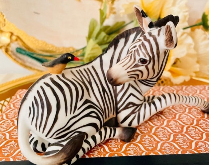 Zebra Figurine Zebra Love Porcelain Zebra and Bird Happy Landing