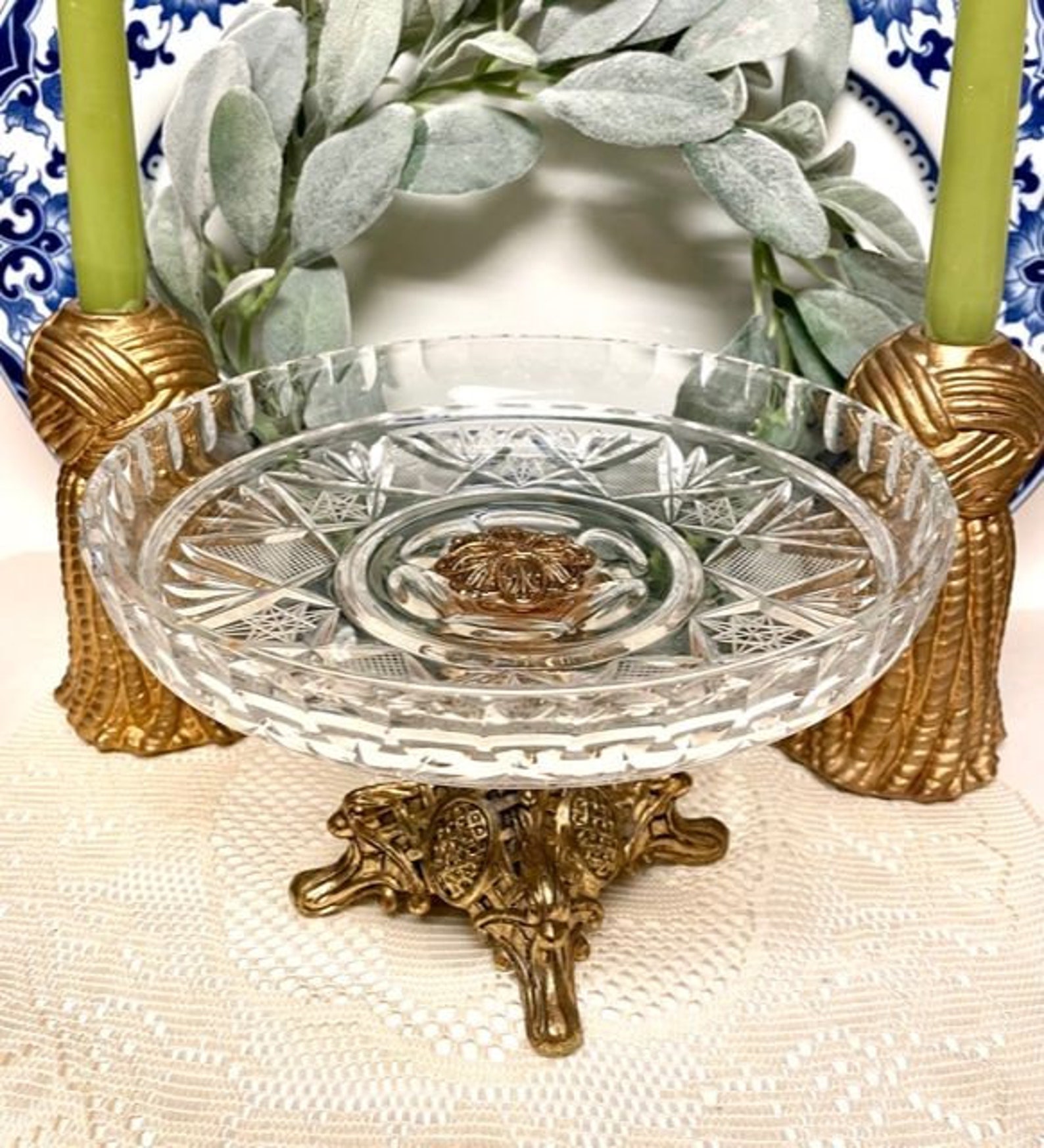 Cut Crystal and Metal Pedestal Bowl Hollywood Regency Style Etsy
