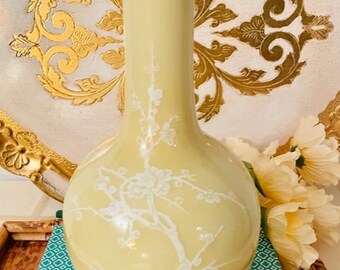 Mid Century Porcelain Vase Pale Yellow Vase Pastel Vase Chinoiserie Chic Chinoiserie Decor Chinoiserie Accent White Cherry Blossom Design