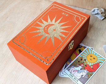 The Sun Tarot Card Box Wooden, Wood Box for Crystal Storage, Tarot Card Deck Holder, Witchy Gifts for Women, Altar Accessories