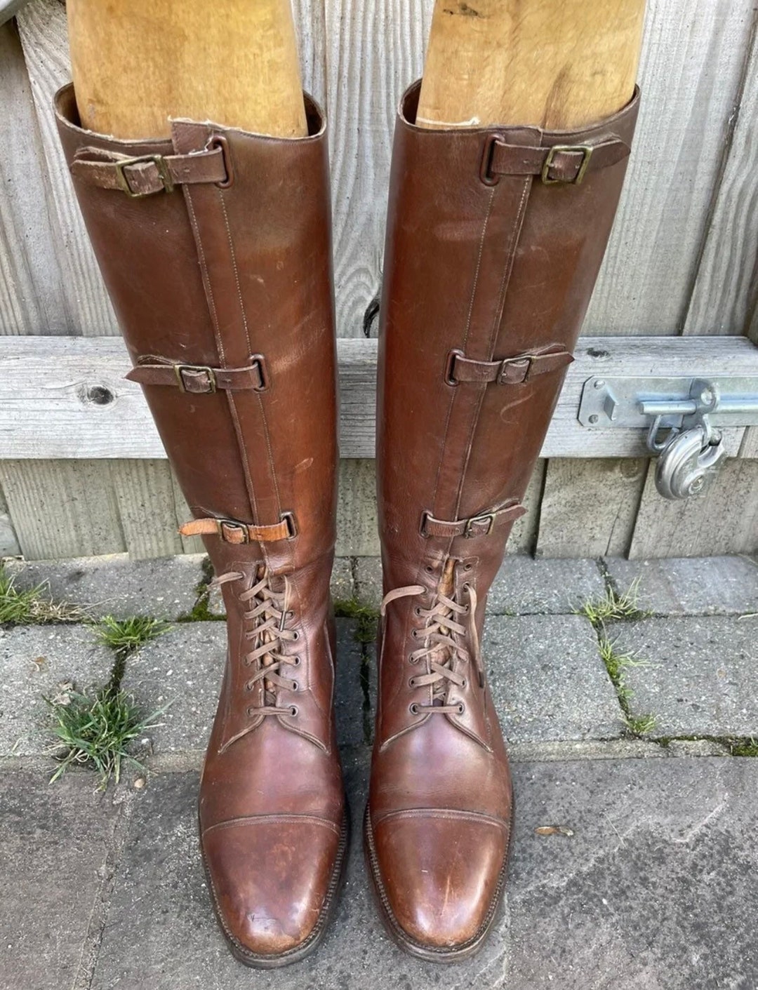 WW1 Craig & Davies Military Brown Leather Field Boots UK 9 W/ Wooden
