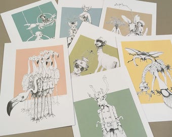 set of 7 postcards, surrealistic illustrations human - animals, flamingo, deer, crab, sphynx cat, giraffe, hare, grasshopper, reindeer