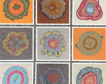 Growing - set of 6 or 9 square postcards - reproductions of embroidered plant cells - biology art - science art