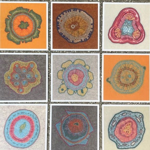 Growing - set of 6 or 9 square postcards - reproductions of embroidered plant cells - biology art - science art