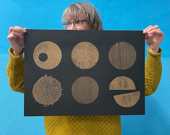 A2 Risograph poster Golden circles| Abstract design riso print with gold ink on black paper
