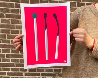 screen print poster - Matches (Green on Bright Pink) - hand pulled in 2 colours