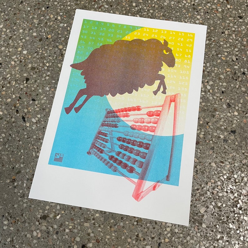 A4 risograph print Counting Sheep 3 color riso print on Biotop paper image 4