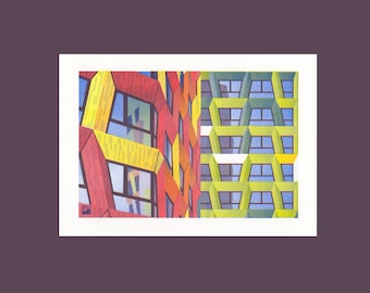 A4 Risograph colorful residential towers 'de Kwekerij'  | from the series: Utrecht - portraits of a city | riso print in 3 colors