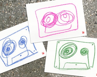 A4 Risograph print Mixed Tapes - Chalk Drawing | set of 3 or select blue, pink or green  | 2 color riso print on Biotop paper