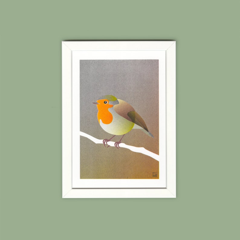 A4 Risograph print Birds Robin redbreast, artprint in 3 colors image 5