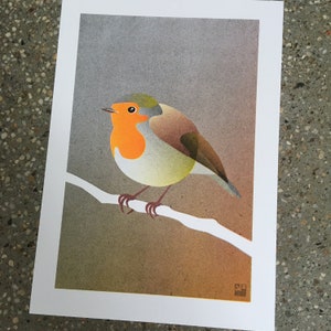 A4 Risograph print Birds Robin redbreast, artprint in 3 colors image 3