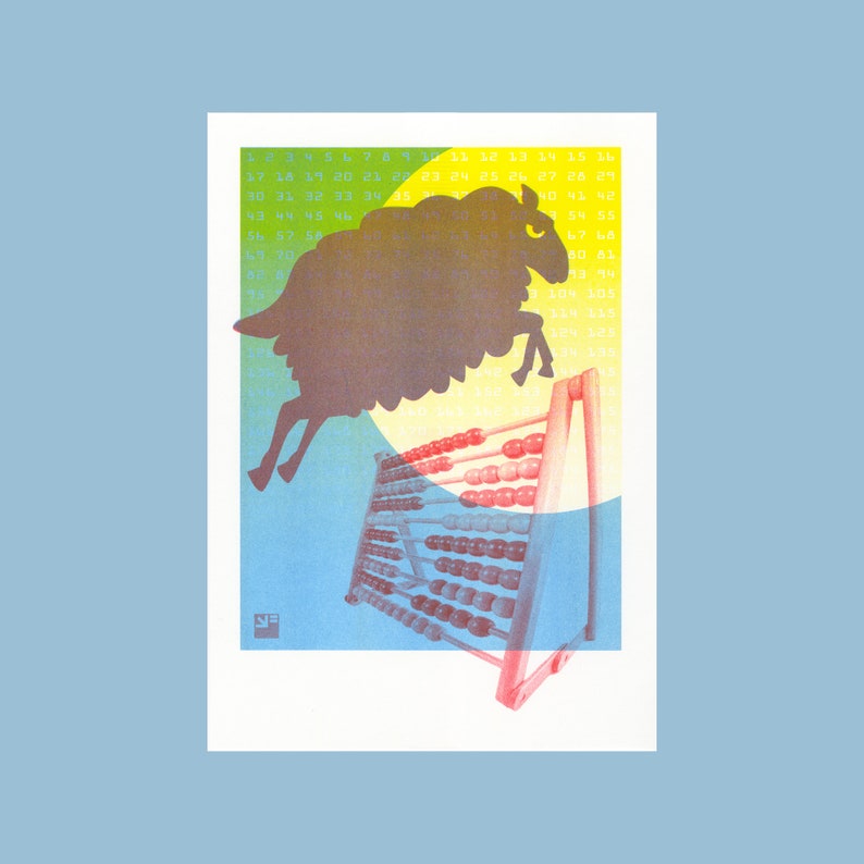 A4 risograph print Counting Sheep 3 color riso print on Biotop paper image 1