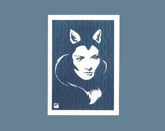 Risograph postcard, Foxy Lady riso greeting card and envelope, blue teal print, art card, retro illustration, woman with fox ears and tail