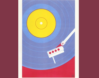 May include: A graphic print of a record player with a blue vinyl record and a yellow label. The tonearm is white with a red cartridge. The bottom of the print is red, and the background is off-white.