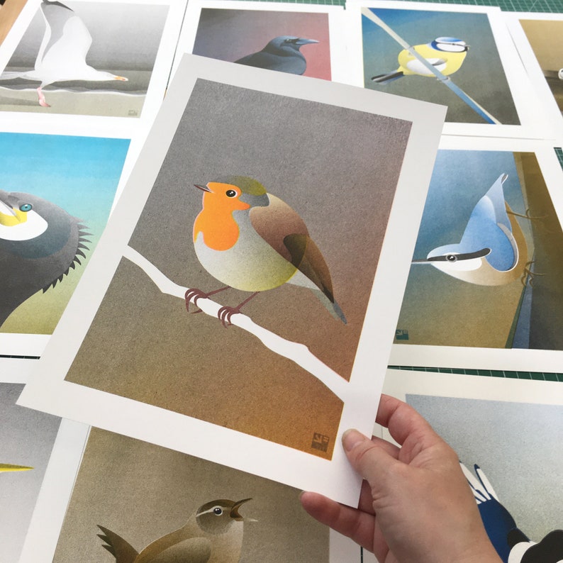 A4 Risograph print Birds Robin redbreast, artprint in 3 colors image 2